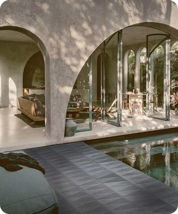 Modern public building facade with blue panels